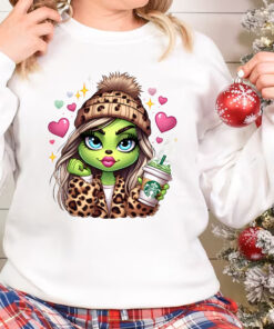 Boujee Grinch Christmas Sweatshirt, Leopard Girly Grinch Drinking Coffee TShirt