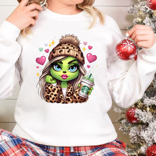 Boujee Grinch Christmas Sweatshirt, Leopard Girly Grinch Drinking Coffee TShirt