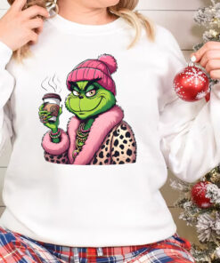 Boujee Grinch Christmas Sweatshirt, Leopard Grinch Drinking Coffee Sweater