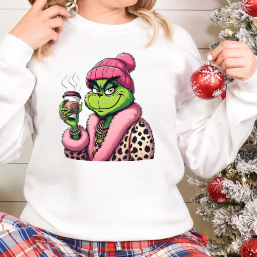 Boujee Grinch Christmas Sweatshirt, Leopard Grinch Drinking Coffee Sweater