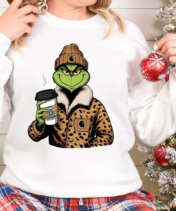Boujee Grinch Christmas Shirt, Leopard Grinch Drinking Coffee Sweatshirt