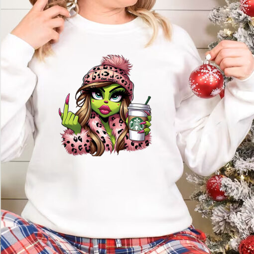 Boujee Grinch Christmas Shirt, Pink Leopard Grinch Drinking Coffee Sweatshirt