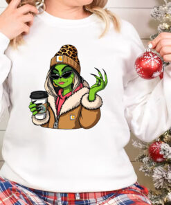 Leopard Boujee Grinch Christmas Sweatshirt, Girly Grinch Drinking Coffee TShirt