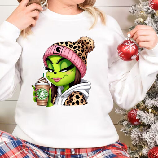 Leopard Boujee Grinch Christmas Sweatshirt, Girly Grinch Coffee Shirt