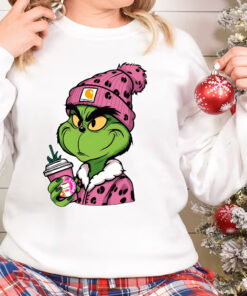Pink Leopard Boujee Grinch Christmas Sweatshirt, Grinch Drinking Coffee Shirt