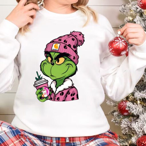 Pink Leopard Boujee Grinch Christmas Sweatshirt, Grinch Drinking Coffee Shirt