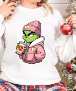 Boujee Grinch Christmas Sweatshirt, Pink Grinch Drinking Coffee TShirt