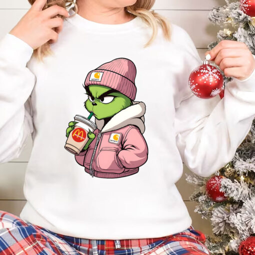 Boujee Grinch Christmas Sweatshirt, Pink Grinch Drinking Coffee TShirt