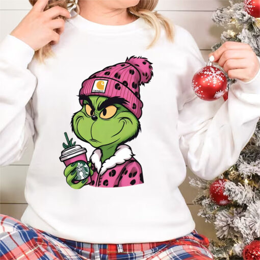 Pink Leopard Boujee Grinch Christmas Sweatshirt, Girly Grinch Christmas
