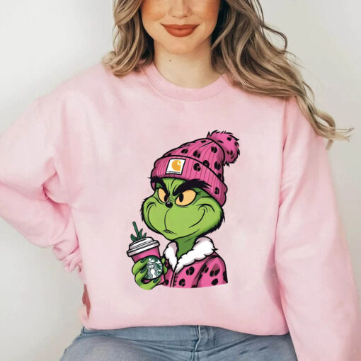 Pink Leopard Boujee Grinch Christmas Sweatshirt, Girly Grinch Christmas