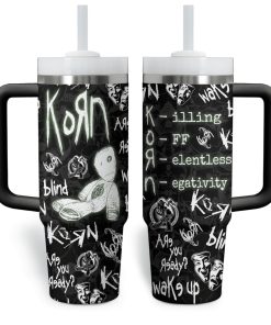 Korn Wake Up 40 Oz Tumbler With Handle & Straw, Stainless Steel Travel Mug For Nu-Metal Fans Metalheads Dark Aesthetic Merch Gift