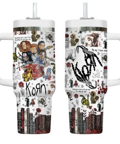 Korn Numetal 40 Oz Tumbler With Handle & Straw, Stainless Steel Travel Mug For Nu-Metal Fans Metalheads Dark Aesthetic Merch Gift